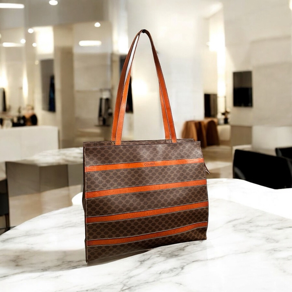 Celine Handbags - Celine Brown Macadam Monogram Orange Stripe Tote Bag